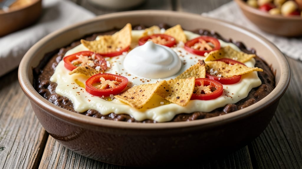 Baked Layered Bean Dip Recipe: Crispy Tortilla Crowns Over Creamy Pull-Apart Cheese