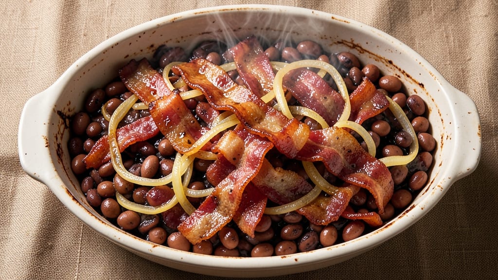 Boston Baked Bean Recipe with Bacon: Crispy Bacon Crust Over Smoky Sweet Beans