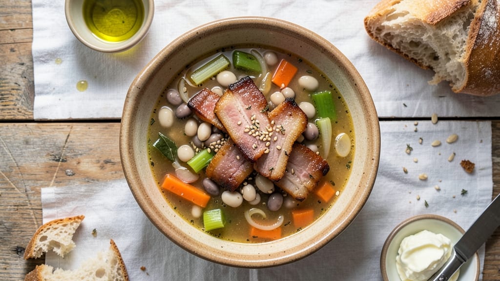 Bean Soup With Salt Pork Recipe: Smoky Bacon Crunch Over Hearty Bean Simmer