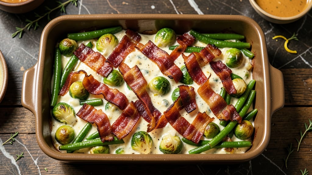 Bacon-Brussels Sprout-Green Bean Casserole Recipe: Smoky Bacon Crunch Over Creamy Bean Layers