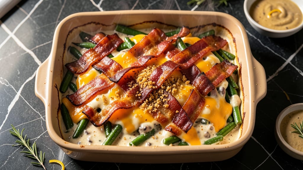 Bacon Cheddar Green Bean Casserole Recipe: Smoky Bacon Crunch Over Creamy Bean Layers