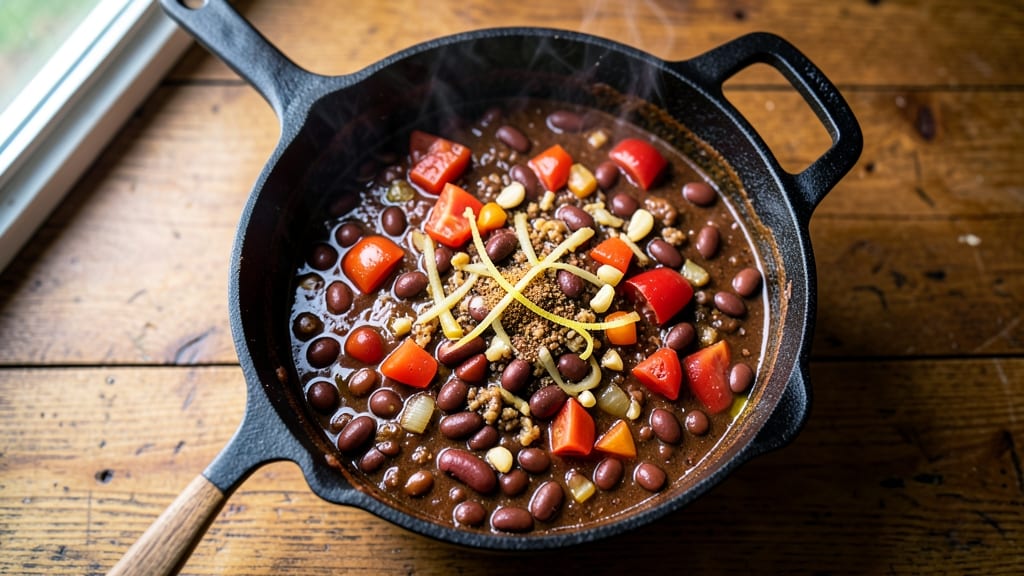 Bean Pot Chili Recipe: Crispy Tortilla Crowns Over Melty Cheese Streaks