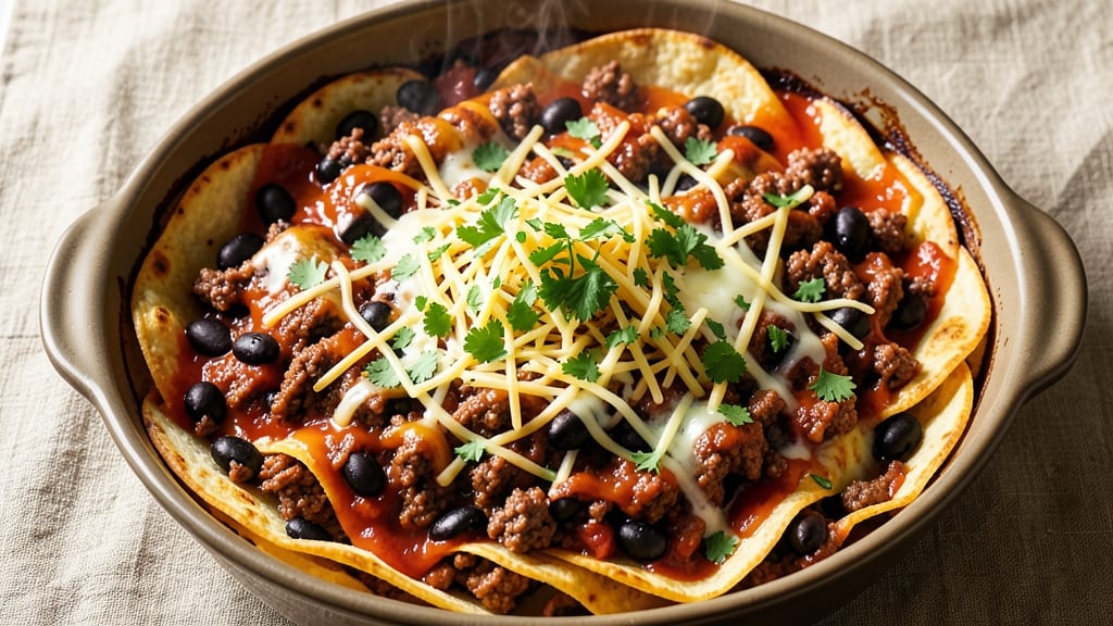 Beef and Black Bean Enchilada Casserole Recipe: Crispy Tortilla Top and Melty Cheese Rivers