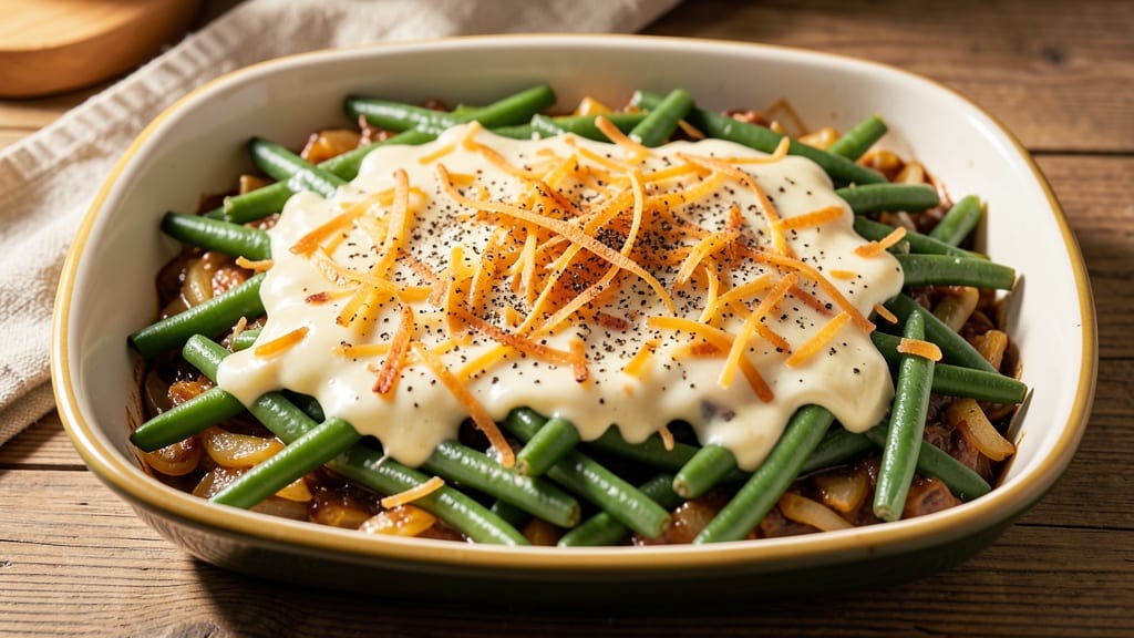 Babish Green Bean Casserole Recipe: Crispy Fried Onion Crowns Over Creamy Mushroom Sauce