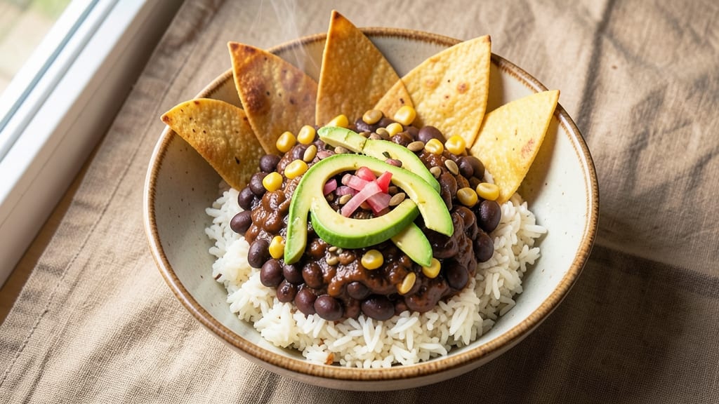Bean Burrito Bowl Recipe: Crispy Tortilla Strips Over Smoky Black Beans