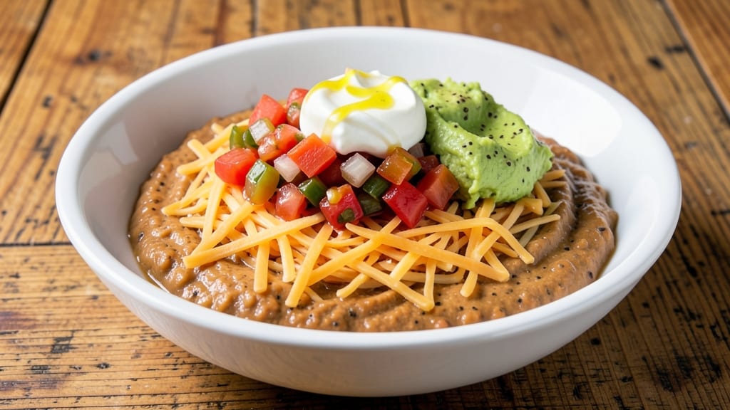 7 Layer Bean Dip Recipe With Refried Beans: Crispy Tortilla Crowns Over Creamy Cheese Streaks