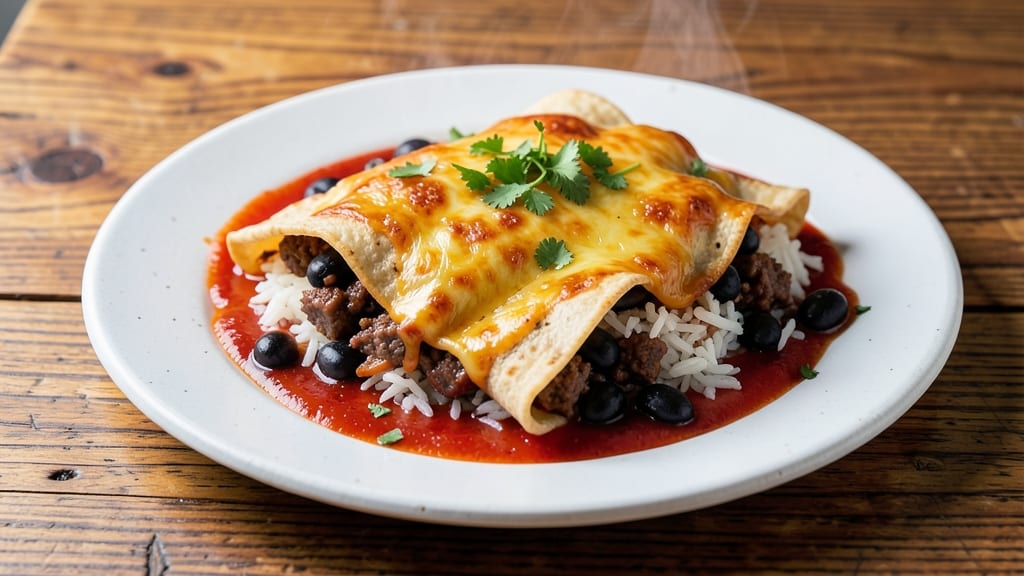 Beef Bean and Rice Enchiladas Recipe: Smoky Tortilla Crowns Over Cheesy Bean Filling