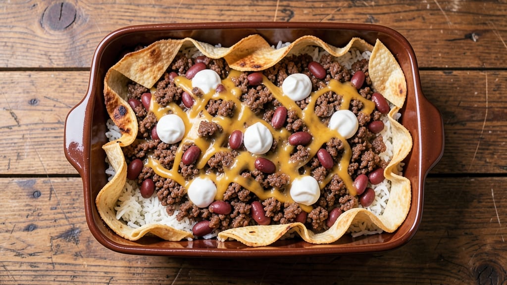 Beef and Bean Burrito Casserole Recipe: Crispy Tortilla Crowns Over Melty Cheese Streaks