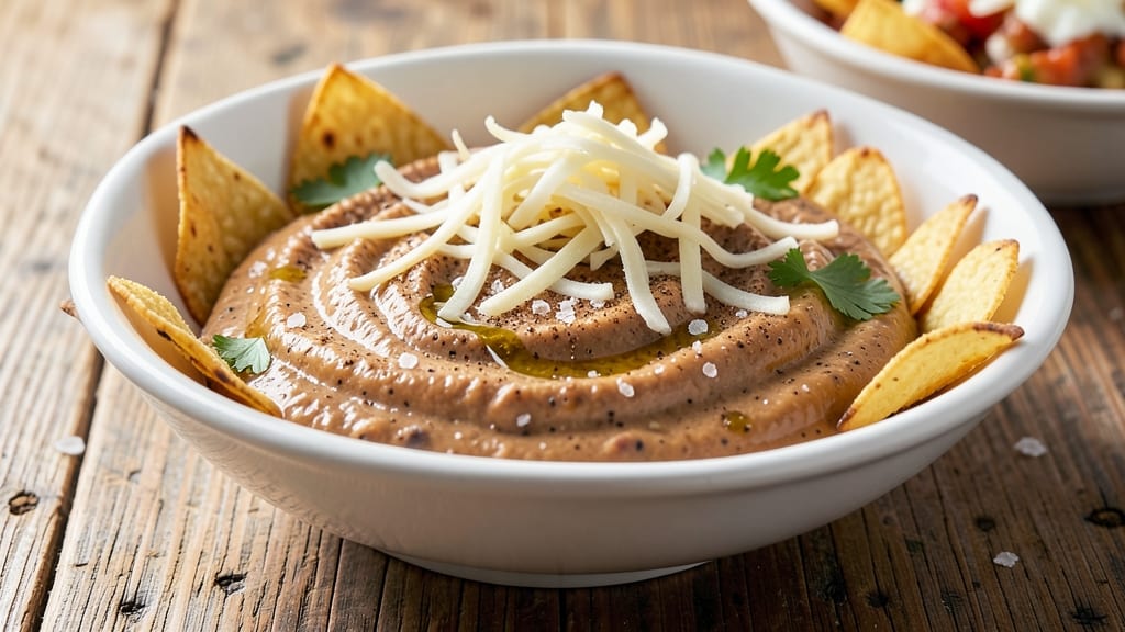 Bean Dip Recipe With Refried Beans and Cream Cheese: Crispy Tortilla Crowns Over Velvety Cream Cheese Swirls