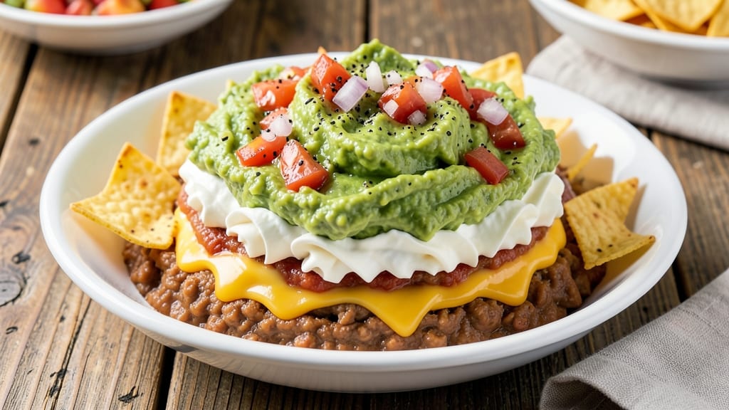 7 Layer Bean Dip Recipe with Guacamole: Crunchy Tortilla Crown Over Creamy Layers