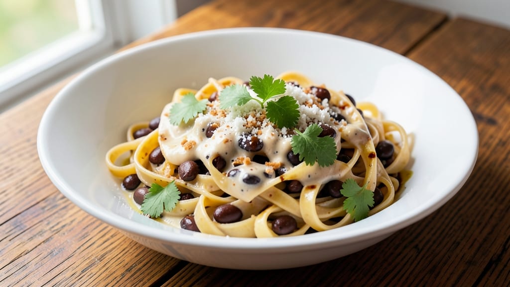 Black Bean Fettuccine Recipe: Crispy Tortilla Crowns Over Melted Cheese Streaks
