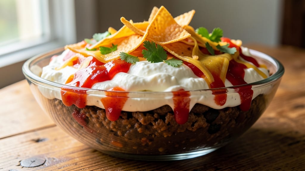 9 Layer Bean Dip Recipe: Crunchy Crown Over Smoky Cumin Cheese Rivers