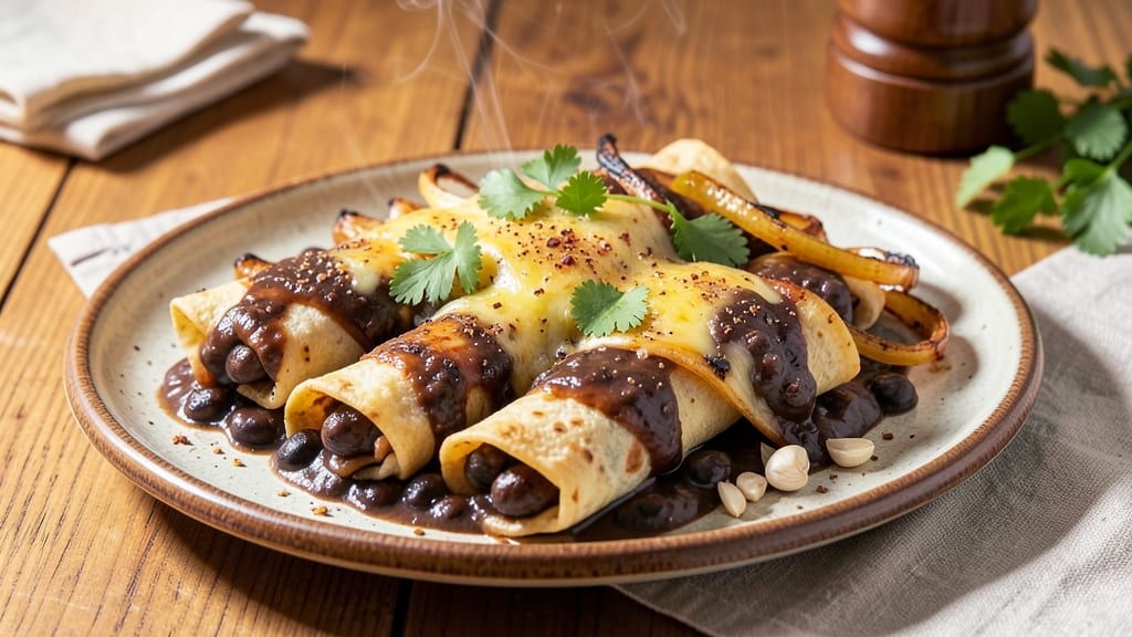 Amy's Black Bean Enchiladas Recipe: Spiced Tortilla Crowns Over Smoky Cumin Cheese