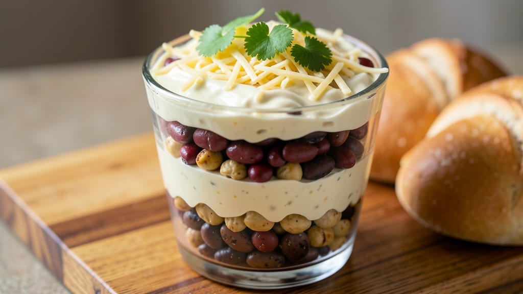 7 Layer Bean Salad Recipe: Crunchy Tortilla Crowns Over Creamy Cheese Layers
