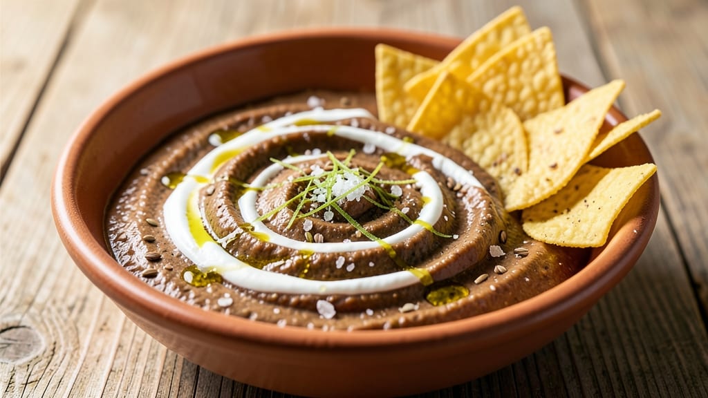 Black Bean Dip with Sour Cream Recipe: Crispy Tortilla Crowns Over Creamy Swirls